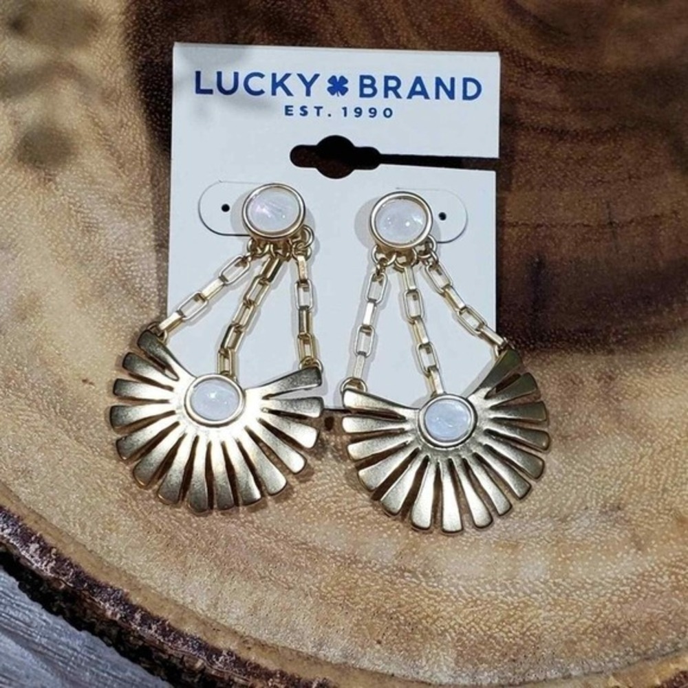Lucky Brand Gold Tone Sunburst Fan Drop Earrings White Faux Stone Boho Statement